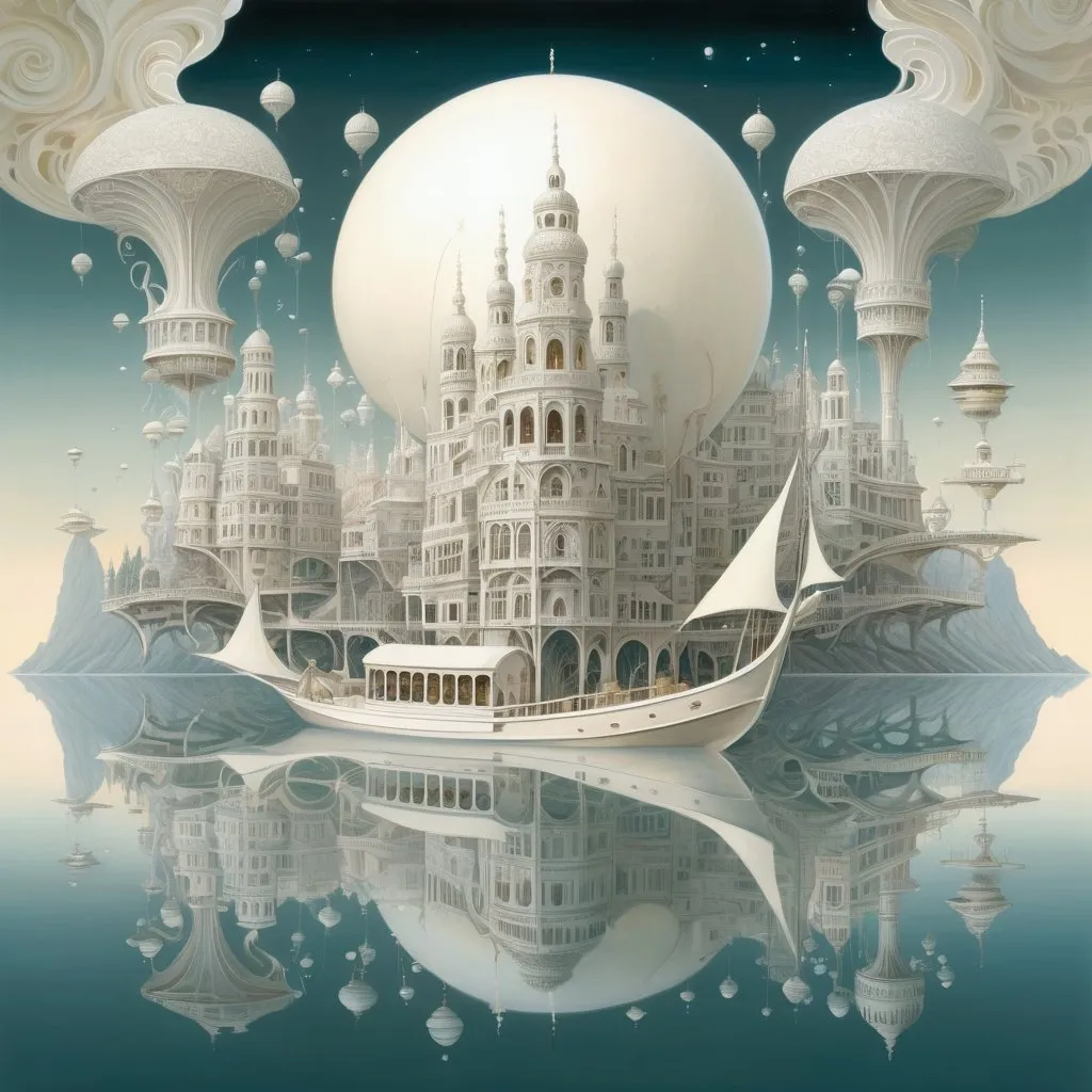 Prompt: white ivory ornate city floting on a white connected ship in the middle of a scenic lake, daniel merriam style, fantasy,