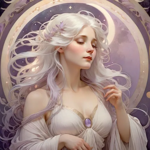 Prompt: Pale moon goddess with flowing white hair and light purple eyes, ethereal and serene, oil painting, elegant flowing robes, soft moonlight casting a gentle glow, high quality, oil painting, ethereal, serene, flowing hair, light purple eyes, elegant robes, moonlight, professional, atmospheric lighting