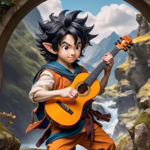 Prompt: Halfling bard resembling Goku, adventurous hobbit-inspired scene, detailed black hair, anime style, vibrant and whimsical colors, detailed musical instrument, dynamic pose, fantasy setting, highres, anime, hobbit, adventurous, vibrant colors, detailed hair, whimsical, musical instrument, dynamic pose, fantasy setting