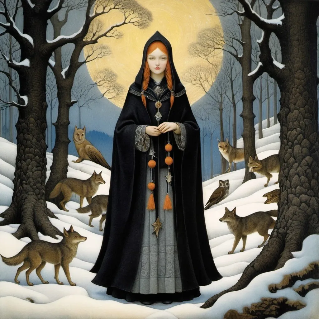 Prompt: Marianne Stokes, Masaaki Sasamoto, Carlos Schwabe, Virginia Frances Sterrett, Gustav Dore, Albrecht Durer: On a winter's night, a beautiful girl sorcerer goes out to the wilderness to commune with the spirits of death and decay, bats, horned owls, wolves and ghosts, Mysterious