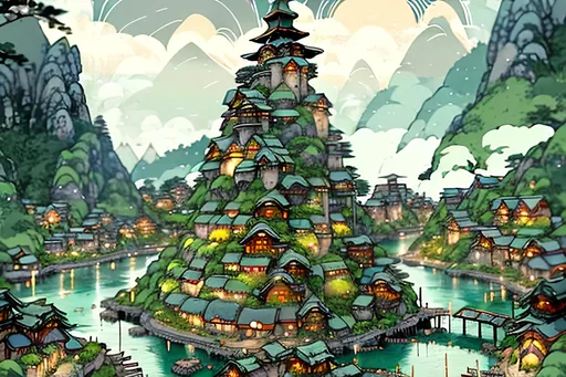 Prompt: Fantasy illustration of a Viking-inspired mountain village, Ghibli-inspired architecture, lush greenery, cozy atmosphere, rounded white washed homes, slate roofs, Edo era meets Viking, fantasy style, detailed greenery, vibrant nature, cozy and inviting, highres, fantasy, Ghibli, Viking, Edo era, lush greenery, detailed architecture, cozy atmosphere, vibrant colors, atmospheric lighting