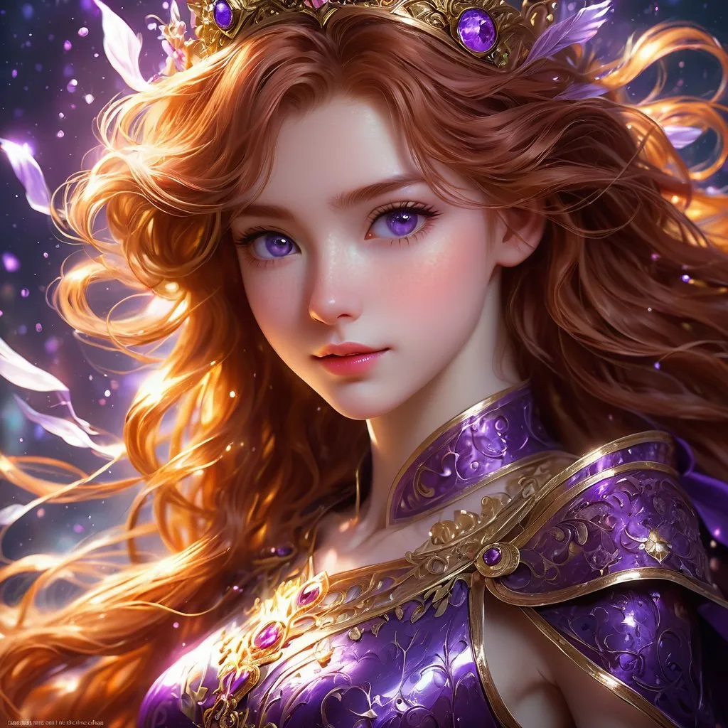 Prompt: Full body visible, oil painting, young 22 years old Human pale freckly girl, pale-skinned-female, ((beautiful detailed face and glowing anime purple eyes)), long auburn hair, rosy cheeks, sly grin, looking at the viewer, queen wearing Tyrian purple dress, raising her holy scepter to the sky, intricate hyper detailed hair, intricate hyper detailed eyelashes, intricate hyper detailed shining pupils, #3238, UHD, hd , 8k eyes, detailed face, big anime dreamy eyes, 8k eyes, intricate details, insanely detailed, masterpiece, cinematic lighting, 8k, complementary colors, golden ratio, octane render, volumetric lighting, unreal 5, artwork, concept art, cover, top model, light on hair colorful glamourous hyperdetailed ((Battlefield)) background, intricate hyperdetailed battlefield, ultra-fine details, hyper-focused, deep colors, dramatic lighting, ambient lighting god rays | by sakimi chan, artgerm, wlop, pixiv, tumblr, instagram, deviantart