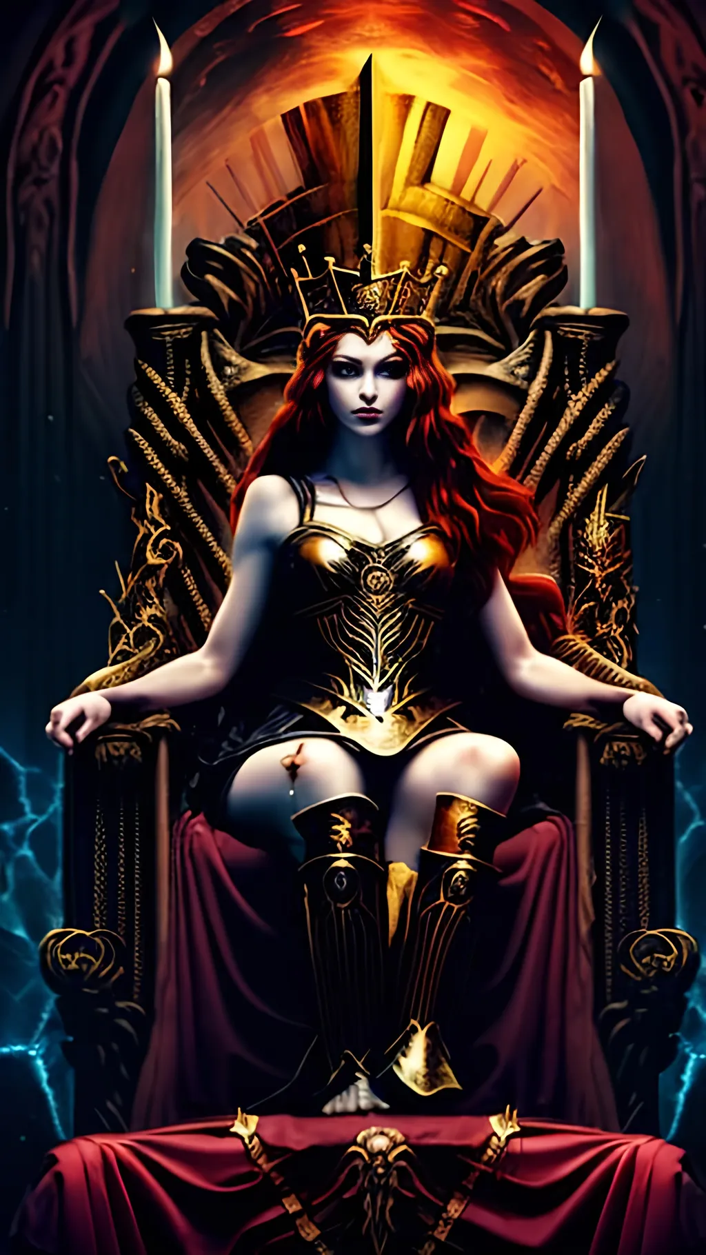 Prompt: Greek mythology queen, dark red hair, on a throne, regal attire, mystical ambiance, highres, detailed, oil painting, fantasy, dark tones, queen of the night, elegant, majestic, divine glow, atmospheric lighting