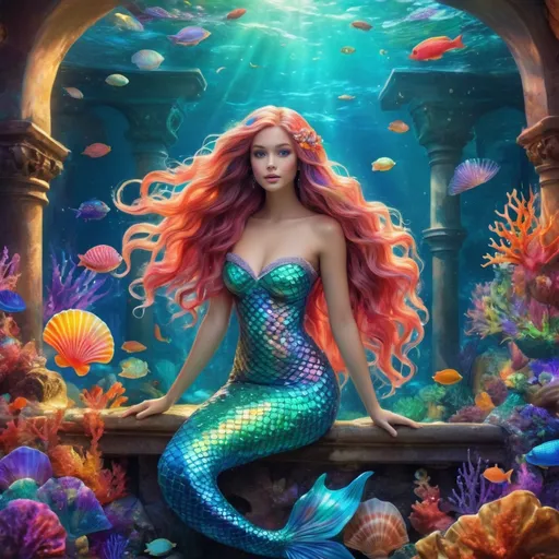 Prompt: Rainbow mermaid in an underwater palace, vibrant colors, iridescent scales, flowing hair, mystical sea creatures, opalescent seashells, majestic coral reefs, sparkling water, high quality, fantasy, vibrant colors, underwater, opalescent, mermaid, palace, sea creatures, flowing hair, iridescent scales, coral reefs, mystical, sparkling water, vibrant, majestic, detailed, fantasy lighting