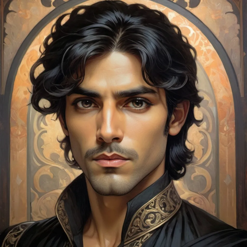 Prompt: Dark Persian prince with intense dark eyes, medium length black hair, big nose, handsome, prince of shadows, oil painting, detailed facial features, high quality, regal, moody lighting, detailed eyes, handsome, Persian features, dark prince, medium-length black hair, intense gaze, atmospheric, regal, oil painting, detailed facial features, professional, dark beard, regal, medium tone skin, muscular and big