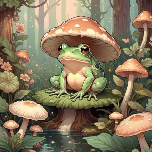 Prompt: Cute pixel art of a frog sitting next to a mushroom while a fairy flies around, fairycore, cottagecore, nostalgic, tumblrcore, detailed foliage, warm and cozy lighting, pastel tones, high quality, pixel art, fairycore atmosphere, nostalgic vibes, cozy cottagecore setting, cute frog design, detailed mushroom frog and fairy friend kawaii fairy