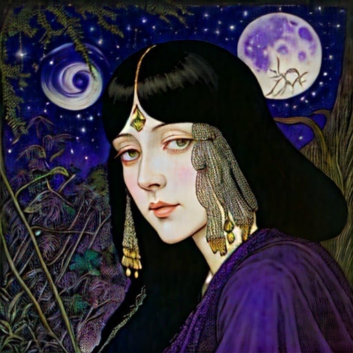 Prompt: Marianne Stokes, Masaaki Sasamoto, Carlos Schwabe, Virginia Frances Sterrett, Gustav Dore, Albrecht Durer: On a springs's night, a beautiful woman goes out to the cottagecore swampy wilderness to commune with the spirits of chaos and the cosmos, fireflies, horned owls, frogs and pixies, Mysterious, purple, detailed foliage