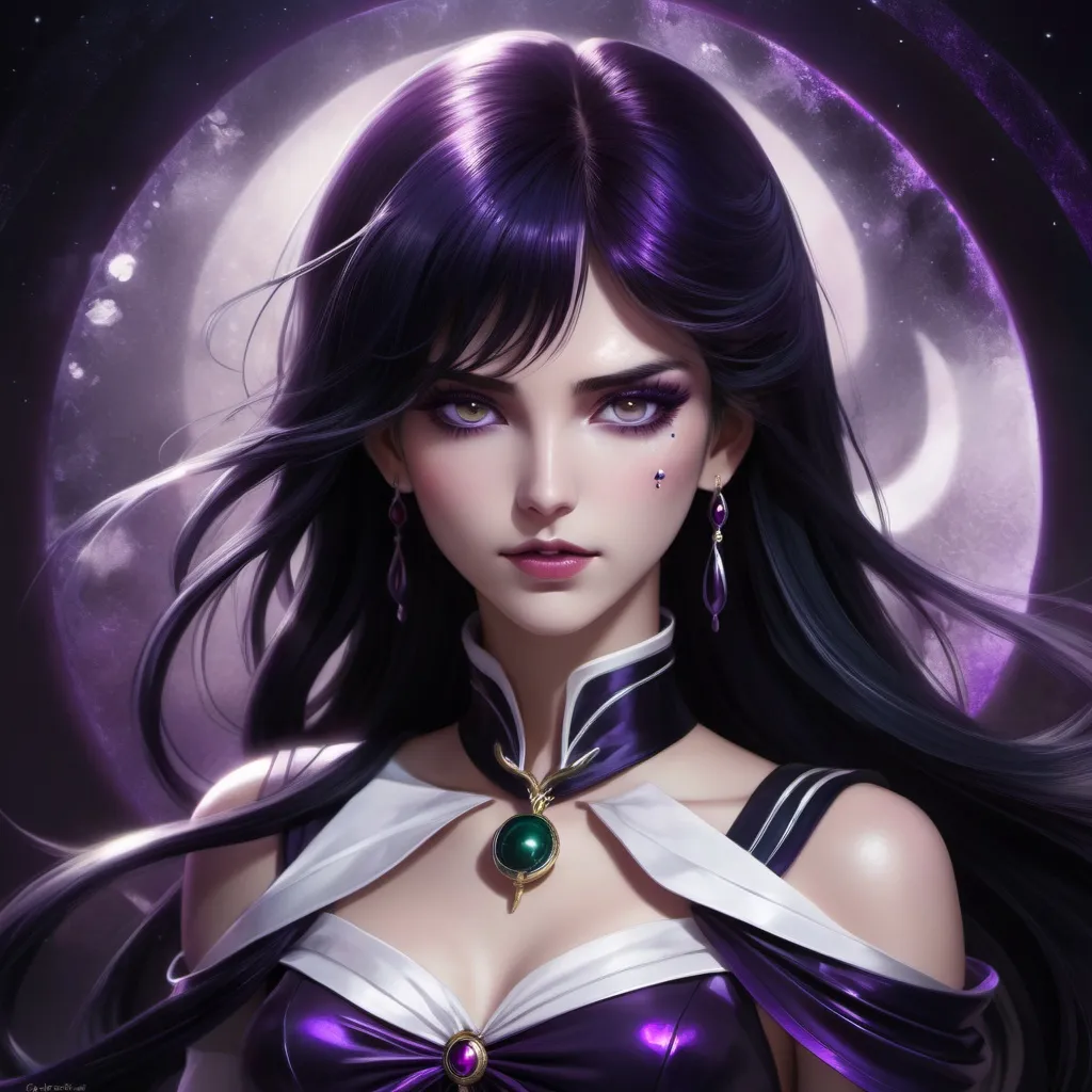 Prompt: Sailor Pluto fanart, digital painting, elegant and mystical, deep purple and black tones, time key staff, flowing dark hair, piercing gaze, mysterious aura, detailed costume, magical girl, high quality, ethereal, dark fantasy, magical, elegant, detailed hair, mystical, professional, atmospheric lighting