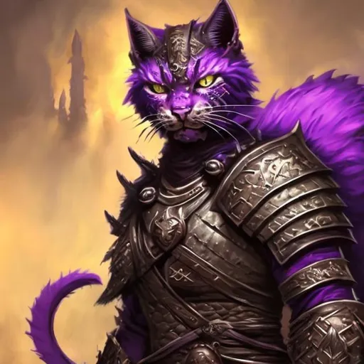 Prompt: Tabaxi warrior with purple fur and eyes, fantasy painting, detailed armor and weaponry, intense and determined expression, high quality, fantasy, vibrant purple tones, atmospheric lighting, Dungeons and Dragons, detailed fur, fierce and agile, professional art style