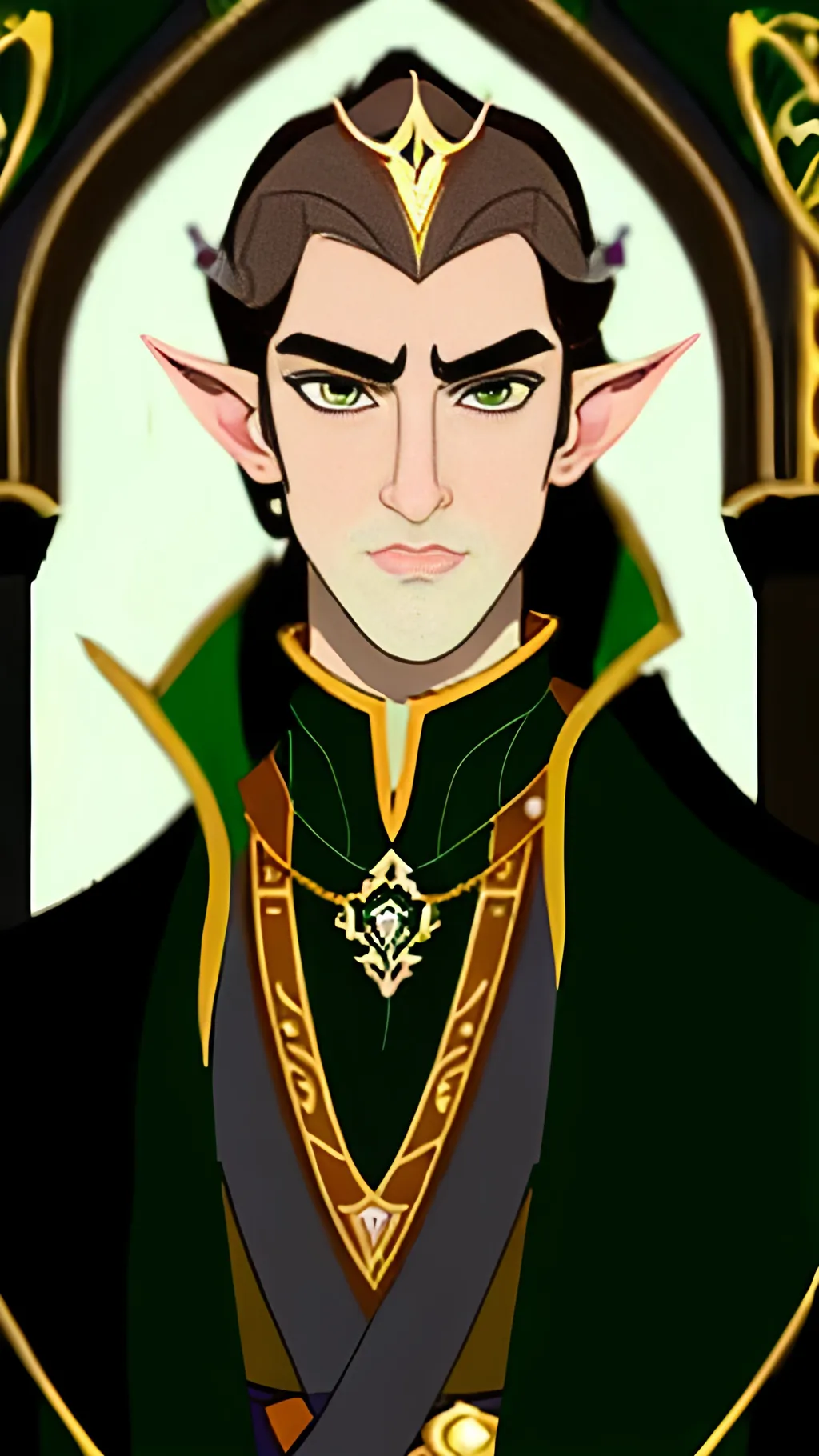 Prompt: Arrogant, handsome half-elf male Emperor with grey eyes and brown hair, Dmitri from Anastasia inspired, royal attire in dark green, regal posture, ornate crown, detailed facial features, high quality, regal, royal, aristocratic, intense gaze, luxurious, royal attire, Dmitri inspired, detailed eyes, professional lighting