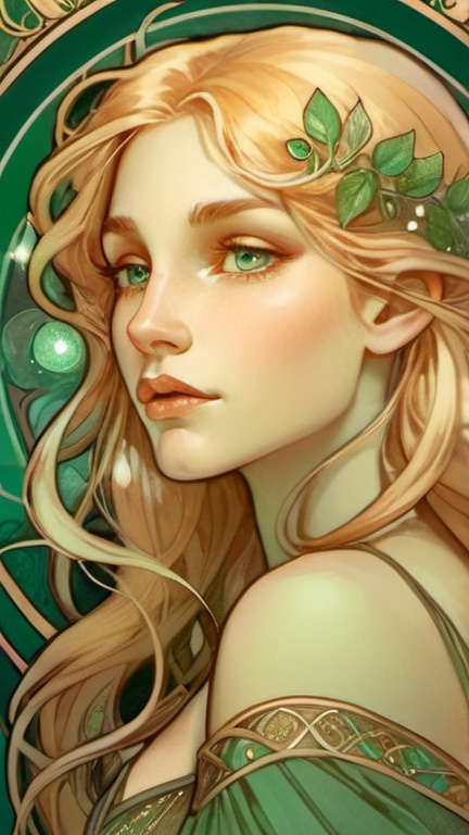 Prompt: Delicate half elf with long golden blonde hair, emerald eyes, ethereal aura, fantasy illustration, detailed facial features, high quality, delicate, ambiguous, long hair, half elf, emerald eyes, intricate details, fantasy, ethereal, professional illustration, soft lighting, warm tones