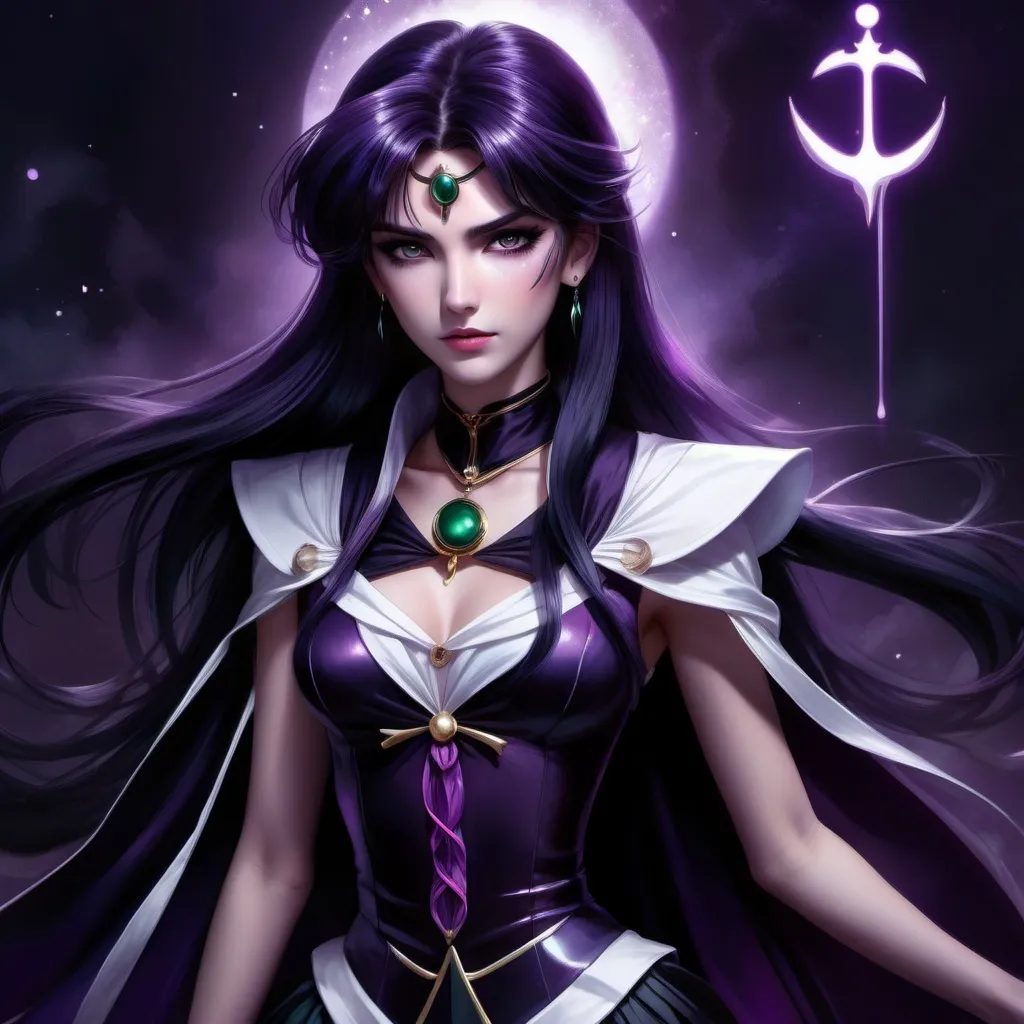 Prompt: Sailor Pluto fanart, digital painting, elegant and mystical, deep purple and black tones, time key staff, flowing dark hair, piercing gaze, mysterious aura, detailed costume, magical girl, high quality, ethereal, dark fantasy, magical, elegant, detailed hair, mystical, professional, atmospheric lighting