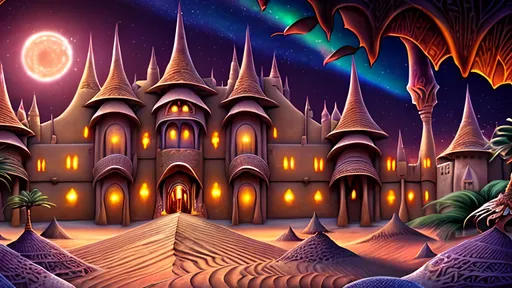 Prompt: Fantasy illustration of an African style palace in a desert, iridescent sand, magical school, enchanting aurora borealis night sky, fantasy, African style, highres, detailed, magical, enchanting, night time, desert, iridescent sand, colorful aurora, palace, fantasy school, mystical ambiance, detailed architecture, professional, captivating lighting