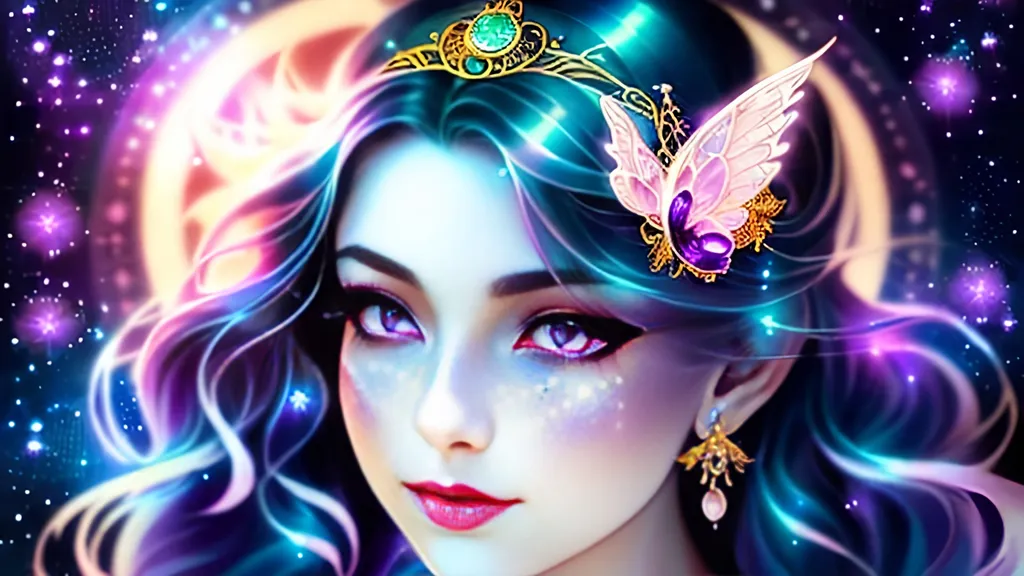 Prompt: Lunar fairy queen with ornate, white glowing wavy hair, amethyst eyes, ethereal glow, detailed facial features, fairytale delicate gossamer wings, flying, fantasy style, moonlit scene, mystical atmosphere, art nouveau, starry night, elegant, detailed eyes, anime inspired, high quality, detailed, fantasy, ethereal glow, moonlit, delicate wings