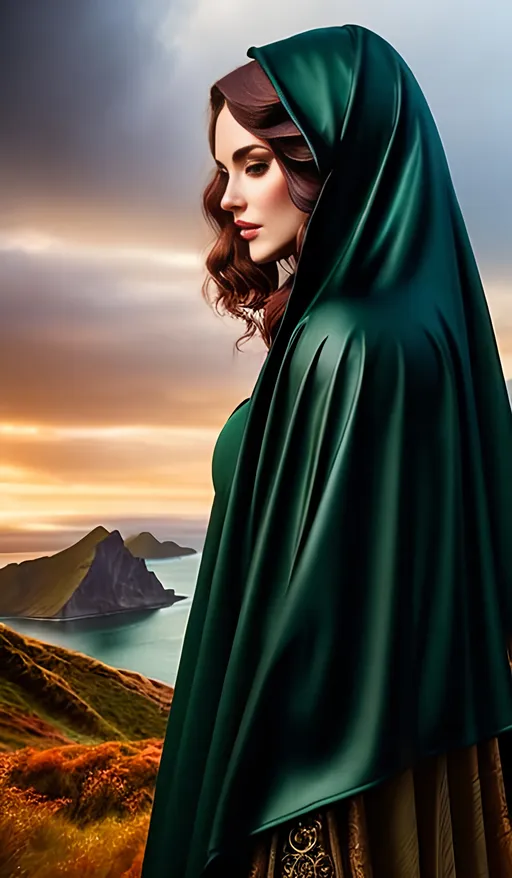 Prompt: Curvy goddess woman, long auburn waves, dark green dress, dark green cloak, cloak hood pulled up, holding an apple, pale freckled skin, amethyst eyes, baroque, oil painting, intricate details, rich colors, dramatic lighting, luxurious setting