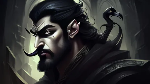 Prompt: Fantasy illustration of a handsome and mysterious man, Persian and Asian, strong, intense dark eyes, big beak nose, long curling black hair, prince of shadows, dark, mischievous, high quality, fantasy, detailed facial features, dark tones, mysterious lighting