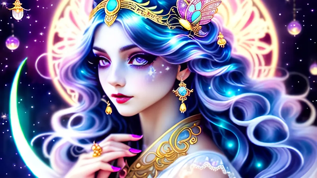 Prompt: Lunar fairy queen with ornate, white glowing wavy hair, amethyst eyes, ethereal glow, detailed facial features, fairytale delicate gossamer wings, flying, fantasy style, moonlit scene, mystical atmosphere, art nouveau, starry night, elegant, detailed eyes, anime inspired, high quality, detailed, fantasy, ethereal glow, moonlit, delicate wings