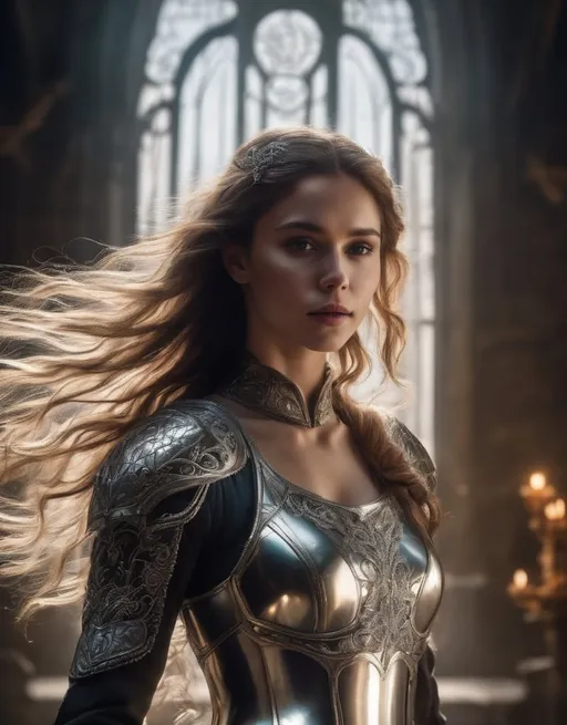 Prompt: Beautiful woman in clear glass armor, elegant flowing hair, mystical fantasy setting, high fantasy, highres, detailed, ethereal, glass armor, flowing hair, fantasy, elegant, mystical, enchanting, atmospheric lighting