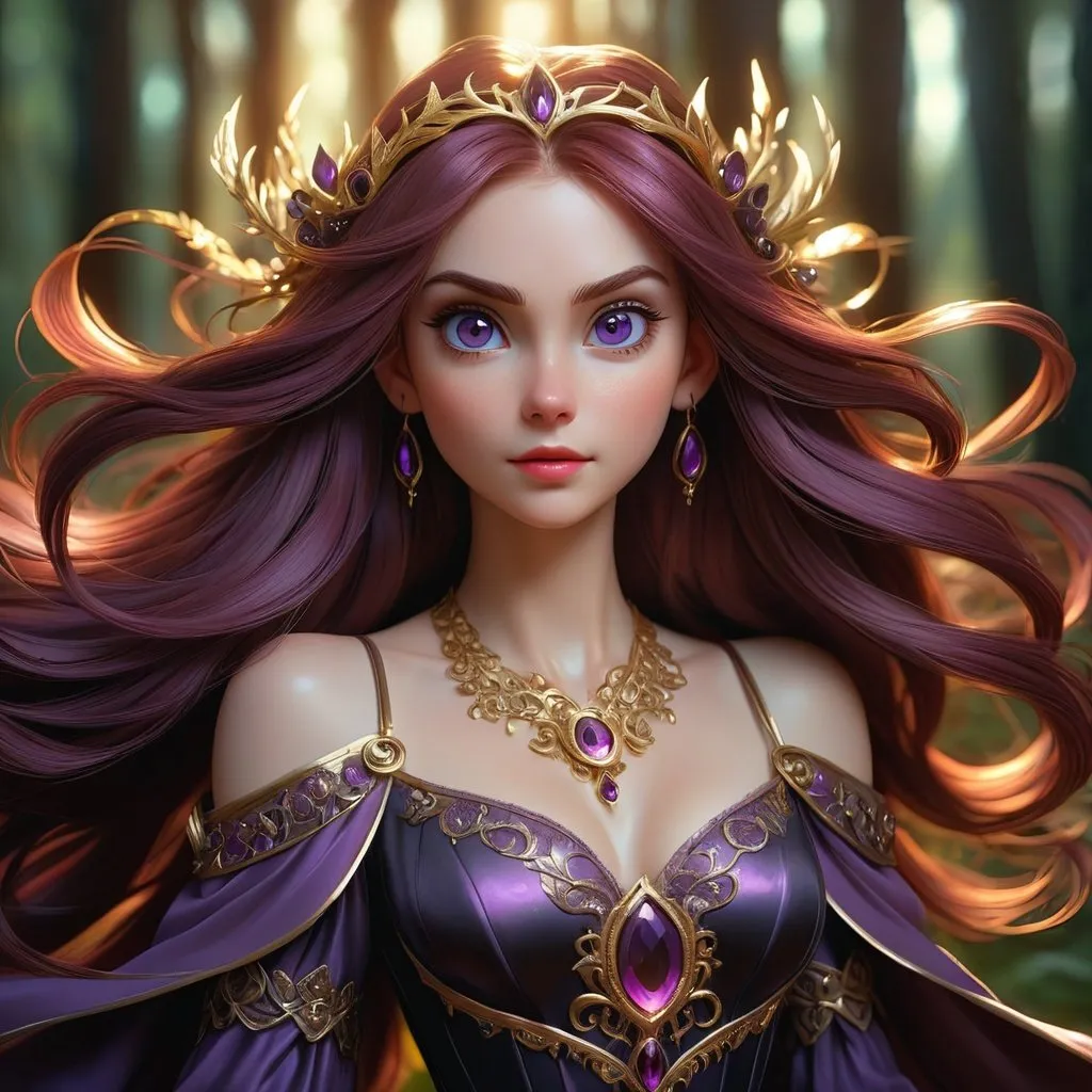 Prompt: Full body visible, oil painting, young 36 years old Human White woman, pale-skinned-female, ((beautiful detailed face and glowing anime dark purple eyes)), long dark auburn hair, rosy cheeks, sly grin, looking at the viewer, sorceress wearing almost black purple dress, raising her holy scepter to the sky, intricate hyper detailed hair, intricate hyper detailed eyelashes, intricate hyper detailed shining pupils, #3238, UHD, hd , 8k eyes, detailed face, big anime dreamy eyes, 8k eyes, intricate details, insanely detailed, masterpiece, cinematic lighting, 8k, complementary colors, golden ratio, octane render, volumetric lighting, unreal 5, artwork, concept art, cover, top model, light on hair colorful glamourous hyperdetailed ((dark forest)) background, intricate hyperdetailed battlefield, ultra-fine details, hyper-focused, deep colors, dramatic lighting, ambient lighting god rays | by sakimi chan, artgerm, wlop, pixiv, tumblr, instagram, deviantart