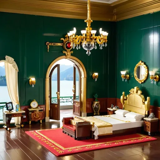 Prompt: Royal palace bedroom with large wide door opening to beautiful Lake Como, grand luxurious interior, ornate furniture, breathtaking view, high quality, detailed, opulent, royal, majestic, scenic, wide door, luxurious, exquisite, regal atmosphere, serene lake, grandiose, elegant design, lavish, luxurious furnishings, exquisite details, soft and warm lighting, scenic beauty, dark green