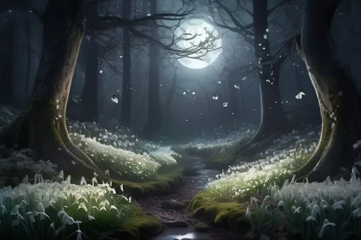 Prompt: Dark moonlit forest with transparent flowers and blooms, snowdrops with transparent petals, high-res, detailed, fantasy, cool tones, ethereal lighting, intricate details, glowing moonlight, atmospheric, magical, detailed petals, enchanting, mystical, enchanted forest, night scene, delicate blooms