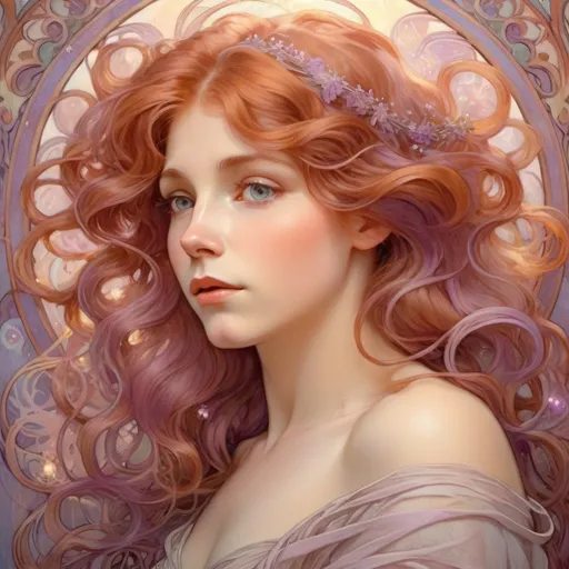 Prompt: Wavy auburn-haired woman with light purple eyes, oil painting, soft and dreamy, pastel color tones, detailed hair strands, whimsical fantasy, ethereal lighting, high quality