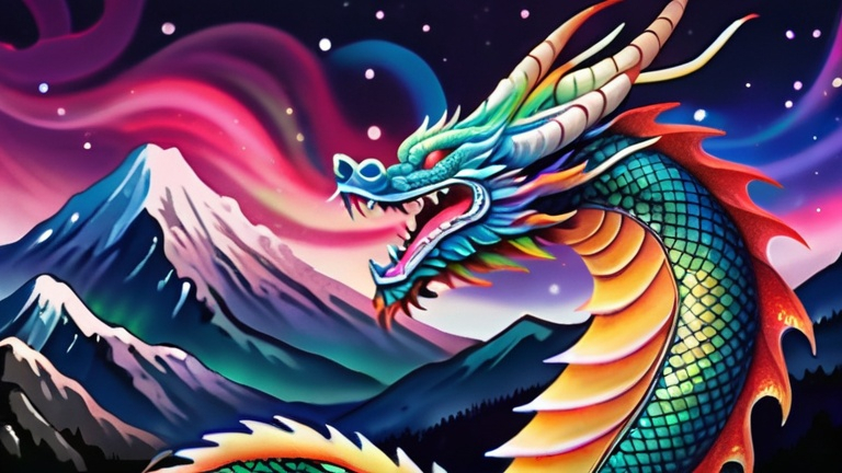 Prompt: Japanese dragon in the style of traditional Japanese art, vibrant aurora borealis in the background, intricate dragon scales, mythical creature, colorful and dynamic, high quality, traditional art style, vibrant colors, aurora borealis, detailed scales, mythical, Japanese art, breathtaking lighting, flying through the night sky