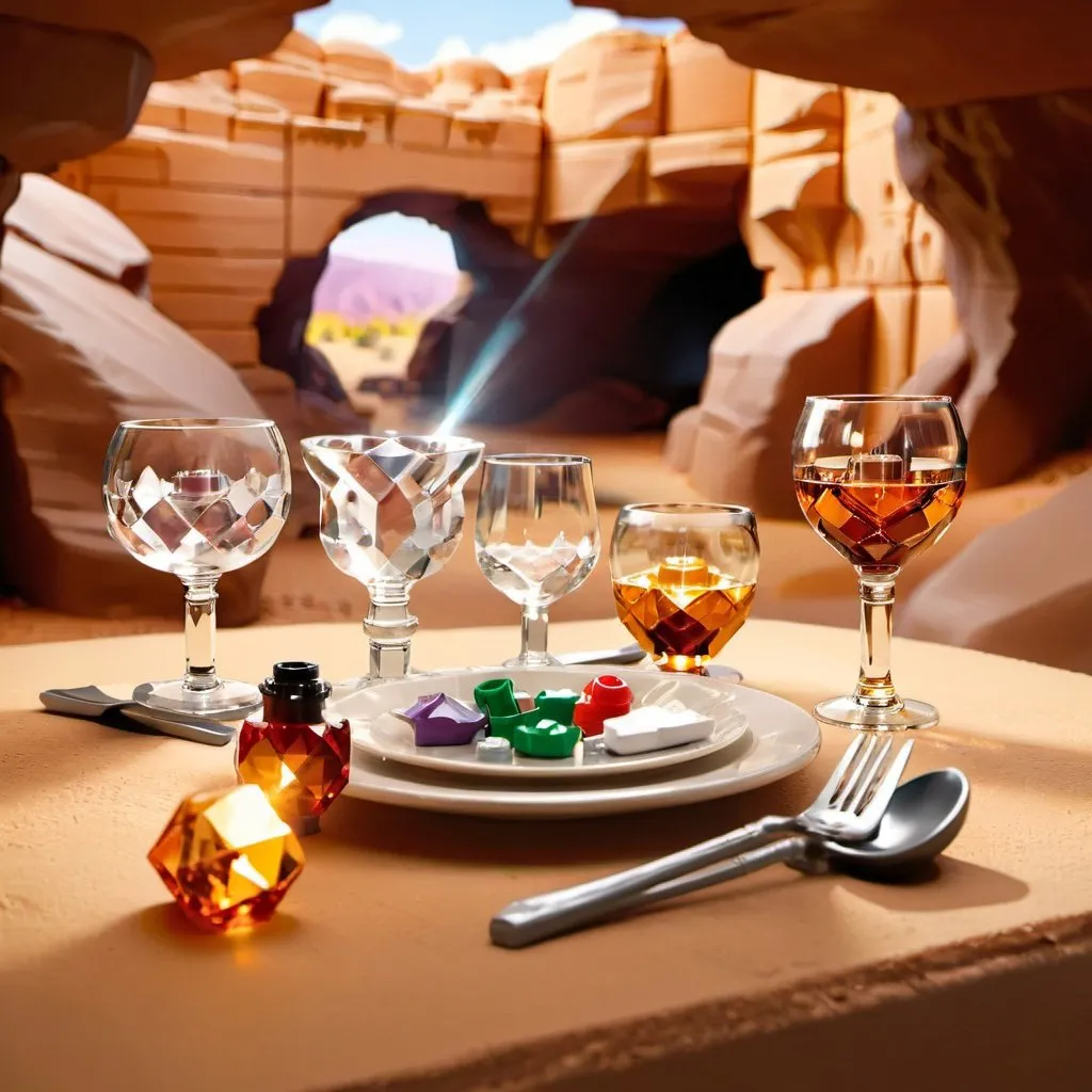 Prompt: Lunch meal in a desert cave, crystal table, crystal goblets, shining, warm light, high quality, crystal-like rendering, warm tones, atmospheric lighting, detailed cave walls, luxurious setting