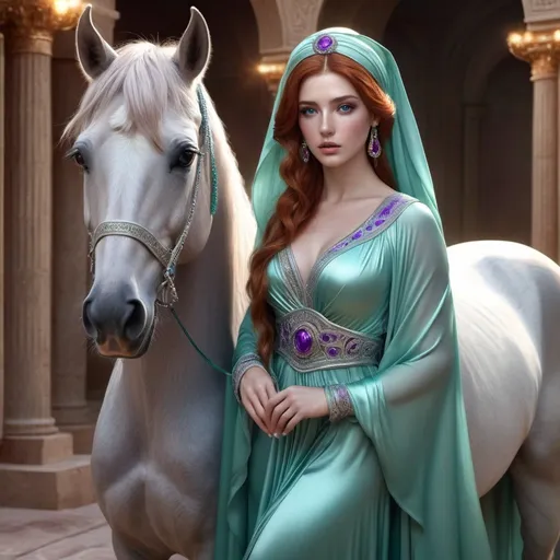 Prompt: HD 4k 3D, hyper realistic, professional modeling, ethereal Greek sister Princesses, shining auburn hair, white freckled skin, purple eyes, gorgeous face, deal teal gown, jade and ruby jewelry and head scarf, full body,  grey horse, surrounded by divine glow, detailed, elegant, ethereal, mythical, Greek, goddess, surreal lighting, majestic, goddesslike aura