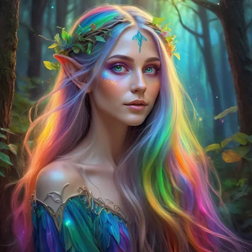 Prompt: Rainbow elf, digital painting, long flowing hair with vibrant colors, mystical forest background, ethereal and magical, high quality, fantasy, vibrant colors, whimsical, detailed features, glowing eyes, pastel tones, enchanting lighting