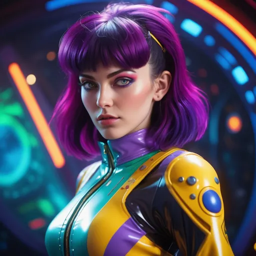 Prompt: Realistic depiction of Faye Valentine, cosmic cowgirl outfit, space rave, detailed facial features, high quality, realism style, vibrant cosmic colors, futuristic setting, celestial background, intricate costume design, dynamic lighting, professional artwork, detailed eyes, realistic hair texture, lively atmosphere