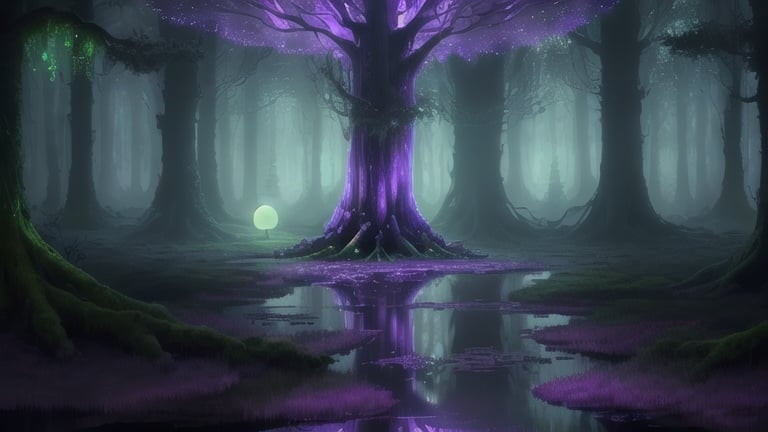 Prompt: Nighttime illustration of a glowing forest, big bulbous trees, soft moss-covered floor, faintly glowing puddles, light purple moon, best quality, highres, ultra-detailed, fantasy, glowing forest, bulbous trees, soft moss, glowing water, moonlit, ethereal atmosphere, mystical, cool tones, atmospheric lighting