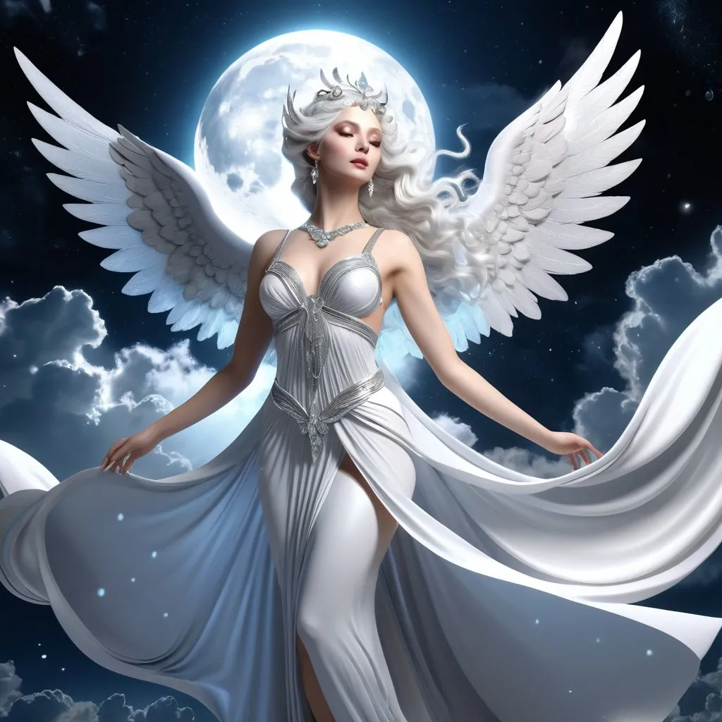 Prompt: HD 4k 3D, hyper realistic, professional modeling, ethereal Greek Goddess of the Moon, silver white hair, pale skin, gorgeous face, billowing gown and wings, marble jewelry and tiara, full body, flying through clouds, sparkling crystal night city, moon goddess, surrounded by divine glow, detailed, elegant, ethereal, mythical, Greek, goddess, surreal lighting, majestic, goddesslike aura