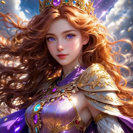 Prompt: Full body visible, oil painting, young 22 years old Human pale freckly girl, pale-skinned-female, ((beautiful detailed face and glowing anime purple eyes)), long auburn hair, rosy cheeks, sly grin, looking at the viewer, queen wearing Tyrian purple dress, raising her holy scepter to the sky, intricate hyper detailed hair, intricate hyper detailed eyelashes, intricate hyper detailed shining pupils, #3238, UHD, hd , 8k eyes, detailed face, big anime dreamy eyes, 8k eyes, intricate details, insanely detailed, masterpiece, cinematic lighting, 8k, complementary colors, golden ratio, octane render, volumetric lighting, unreal 5, artwork, concept art, cover, top model, light on hair colorful glamourous hyperdetailed ((Battlefield)) background, intricate hyperdetailed battlefield, ultra-fine details, hyper-focused, deep colors, dramatic lighting, ambient lighting god rays | by sakimi chan, artgerm, wlop, pixiv, tumblr, instagram, deviantart