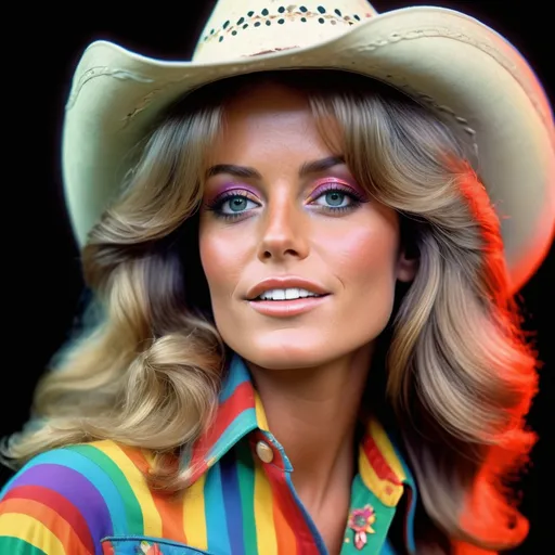Prompt: Realistic portrait of a groovy 1970's cowgirl, iconic Farrah Fawcett hair, vibrant rainbow color palette, retro hippie fashion, detailed facial features, high-quality realism, vintage, groovy, rainbow, cowgirl, Farrah Fawcett hair, 1970's fashion, detailed portrait, vibrant colors, iconic, vintage vibes, realistic style, groovy lighting, psychedelic
