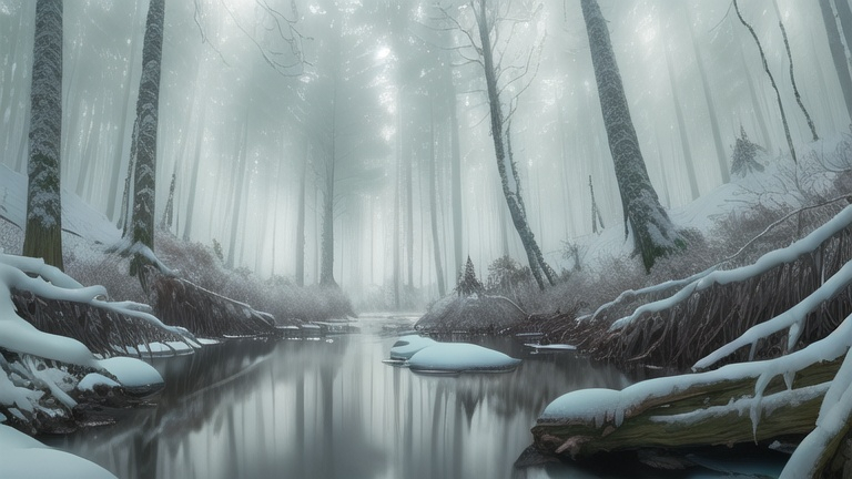 Prompt: Winter forest with snowy, thick canopy, smooth bark, mangrove-like leaves, bright turquoise creek, steam rising, high quality, realistic, serene, cool tones, atmospheric lighting, detailed textures