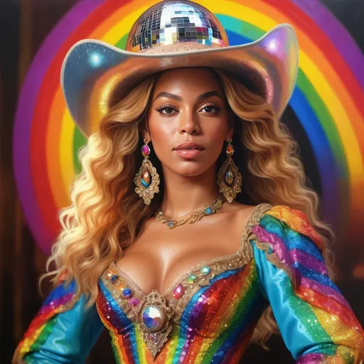 Prompt: Renaissance rainbow cowgirl portrait, vibrant oil painting, Beyoncé-inspired, elaborate rainbow gown, glittering disco ball earrings, 4k, high-detail, Renaissance, vibrant colors, disco, detailed facial features, atmospheric lighting