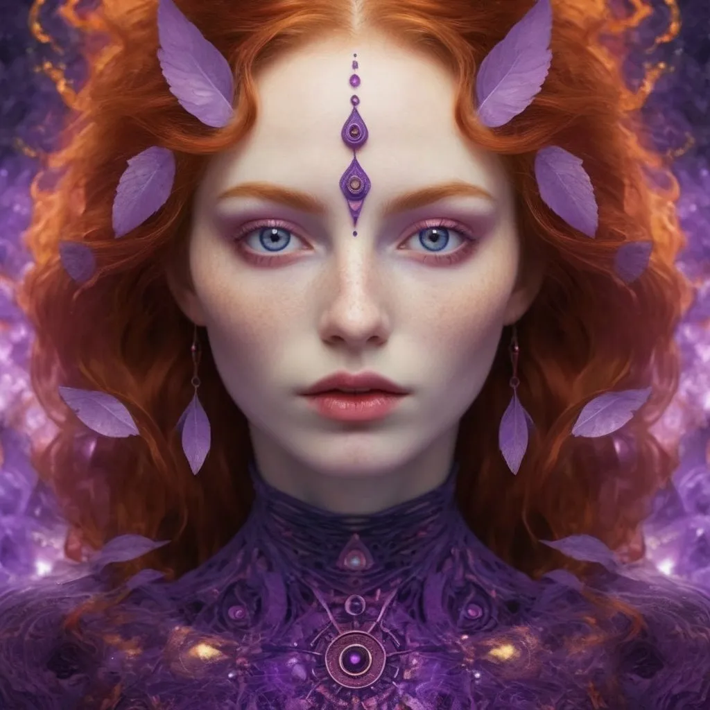 Prompt: divine redheaded fertility goddess, bright purple eyes, psychedelic landscape of infinite beauty, divine wisdom, (chaos given form by form in a state of chaos).