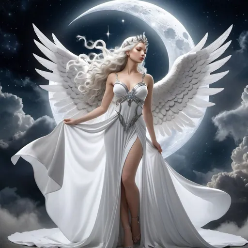 Prompt: HD 4k 3D, hyper realistic, professional modeling, ethereal Greek Goddess of the Moon, silver white hair, pale skin, gorgeous face, billowing gown and wings, marble jewelry and tiara, full body, flying through clouds, sparkling crystal night city, moon goddess, surrounded by divine glow, detailed, elegant, ethereal, mythical, Greek, goddess, surreal lighting, majestic, goddesslike aura