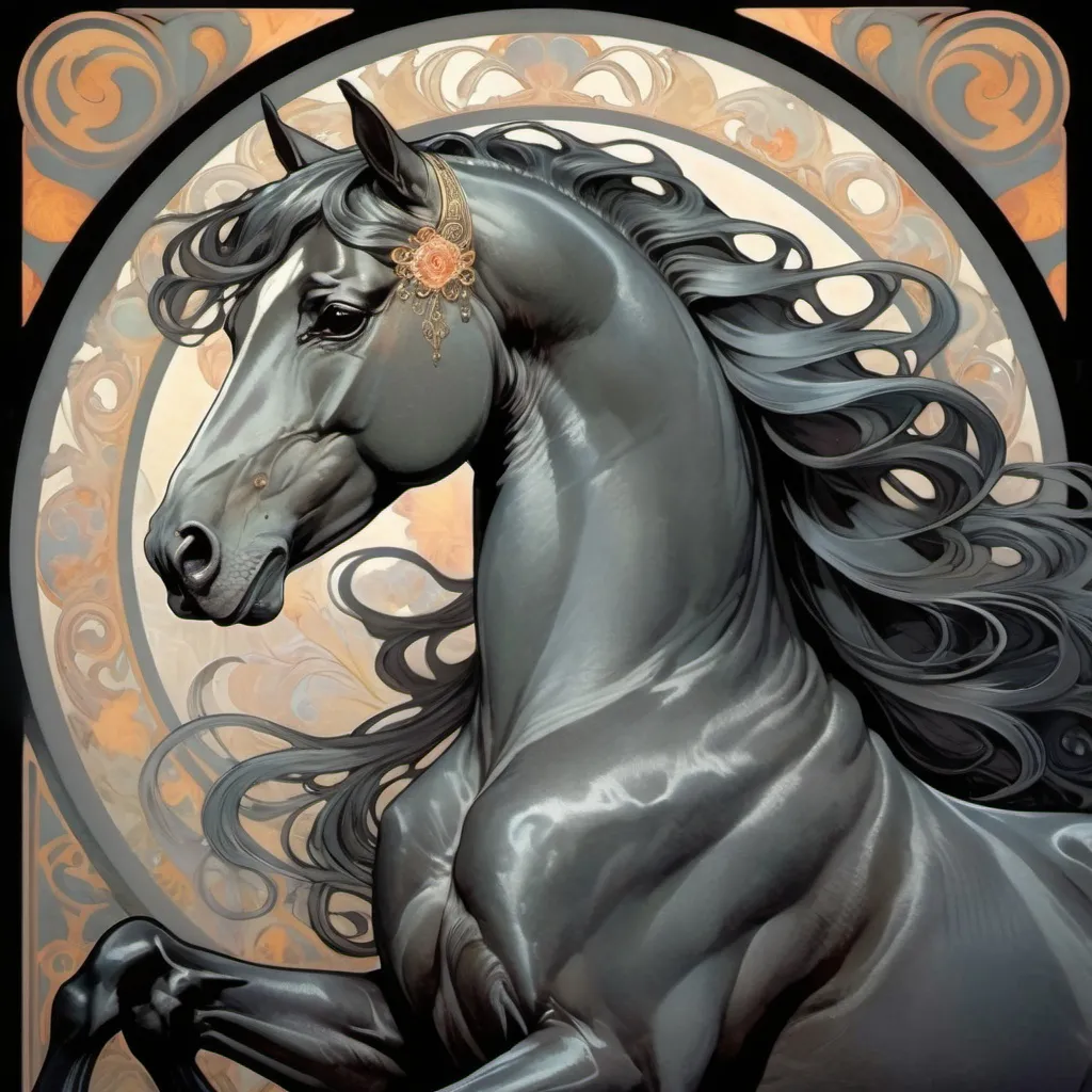 Prompt: Alphonse Mucha Style,,dark grey horse majestic,,<lora:Alphonse Mucha Style:1>