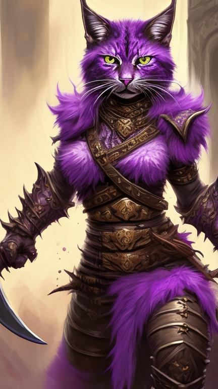 Prompt: Tabaxi warrior with vibrant purple fur and eyes, wielding daggers, detailed armor and weaponry, intense and determined expression, fantasy painting, atmospheric lighting, professional art style, detailed fur, fierce and agile, female, Dungeons and Dragons, high quality, fantasy, vibrant purple tones, detailed eyes, sleek design, atmospheric lighting
