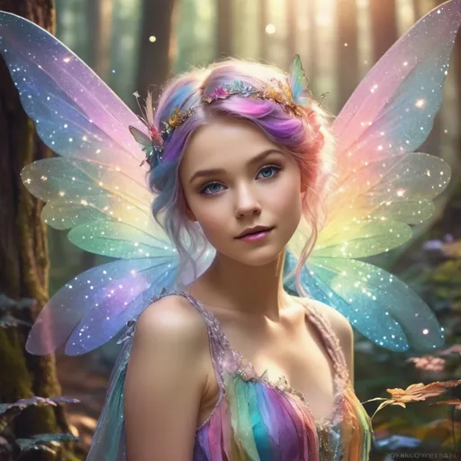 Prompt: Rainbow fairy, vibrant and colorful wings, sparkly pixie dust, enchanting forest setting, ethereal and magical atmosphere, high quality, fantasy, radiant lighting, pastel tones, whimsical, detailed hair, delicate and graceful, mystical, fantasy art, vibrant colors, enchanting, dreamy, rainbow theme, sparkles, fantasy setting