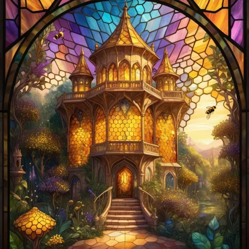 Prompt: Fantasy illustration of a majestic honeycomb palace, shimmering with golden hues, intricate hexagonal structure, buzzing bee architects, lush garden surroundings, magical fantasy, high fantasy, intricate details, vibrant colors, warm and ethereal lighting, bee hive, fairy palace, fae court, fairycore