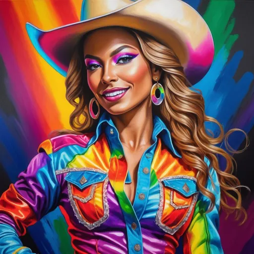 Prompt: Beyonce Renaissance rainbow cowgirl, vibrant acrylic painting, Renaissance fashion, rainbow-colored outfit, disco cowgirl vibe, dynamic and energetic pose, detailed facial features, high energy, vibrant colors, professional acrylic painting, Renaissance style, disco vibes, high contrast lighting, energetic and colorful