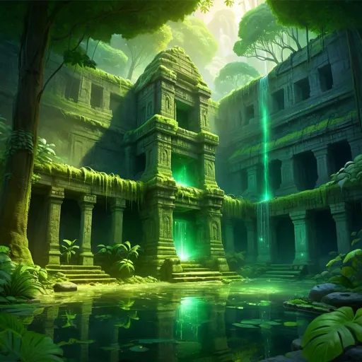 Prompt: Magic glowing hot spring in lush jungle temple ruins, vibrant green foliage, ancient mystical aura, high quality, digital painting, fantasy, vibrant green tones, glowing magical light, atmospheric ruins, detailed texture, mystical ambiance, jungle setting, ancient architecture, vibrant and unique, detailed reflections, magical atmosphere, professional, atmospheric lighting