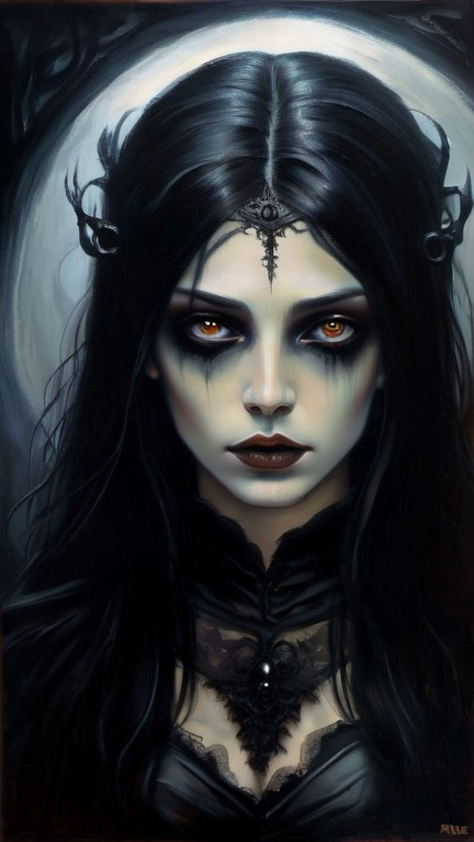 Prompt: Loviatar in dark fantasy oil painting, detailed facial features, haunting atmosphere, high texture, dark and eerie, melancholic, gothic, mysterious, detailed eyes, flowing black hair, intricate costume, dramatic lighting, high quality, oil painting, dark fantasy, haunting, melancholic, gothic, detailed facial features, mysterious, eerie, intricate costume, dramatic lighting