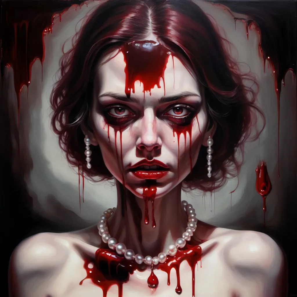 Prompt: Woman wearing a pearl necklace that is dripping blood, oil painting, surreal horror, high contrast, dark and eerie atmosphere, detailed facial expressions, intense red tones, dramatic lighting, high quality, oil painting, surreal horror, detailed facial expressions, intense red tones, dramatic lighting