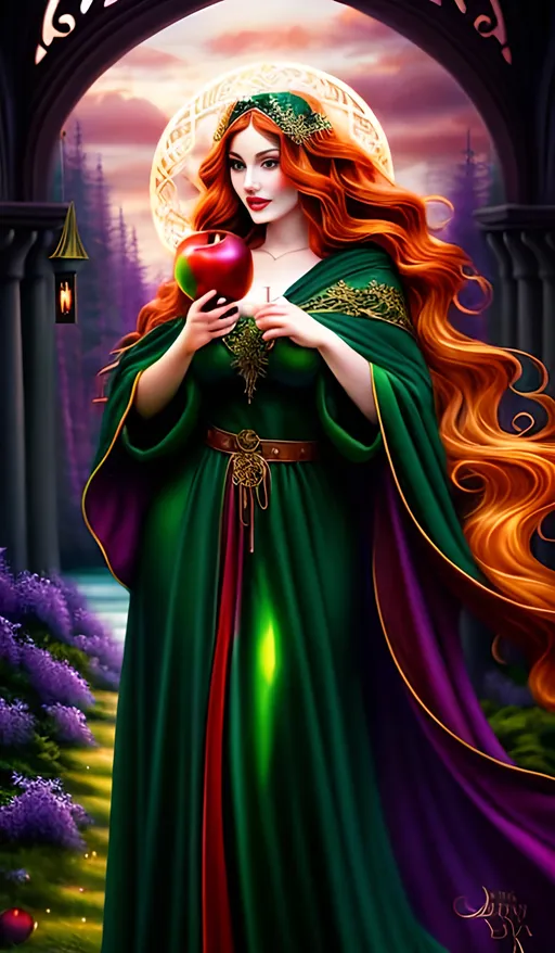 Prompt: Curvy goddess woman, long auburn waves, dark green dress and cloak, cloak hood pulled up, holding a red apple, pale freckled skin, amethyst eyes, enchanting, oil painting, detailed, highres, fantasy, ethereal lighting, enchanting gaze, mystical, magical, lush colors, flowing fabric, divine beauty