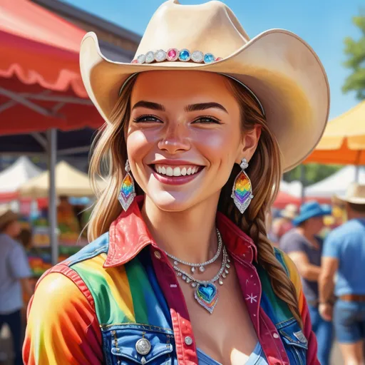 Prompt: Realistic illustration of an LGBTQ+ rhinestone cowgirl at the farmers market, vibrant and colorful, detailed rhinestone attire, sun-kissed skin, confident and radiant smile, bustling market atmosphere, high quality, vibrant colors, realistic style, rhinestone cowgirl, LGBTQ+, farmers market, detailed attire, sun-kissed skin, radiant smile, bustling atmosphere, vibrant colors, realistic style