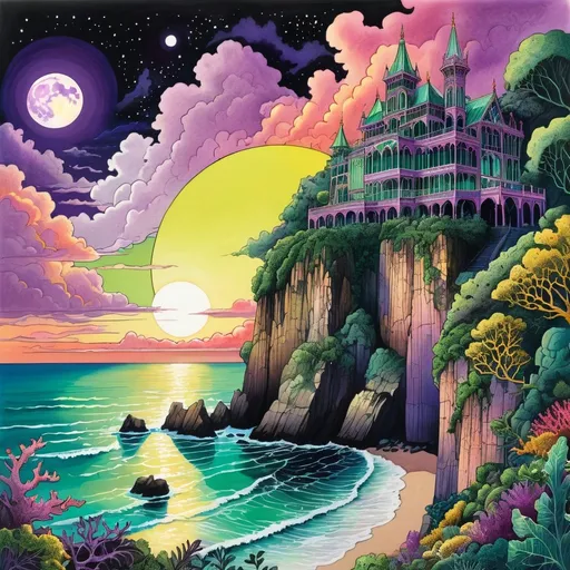 Prompt: Colored ink drawing of a fantastical crystal palace with purple moon lighting the night on a steep dirt cliff, magnificent coral, green, and yellow clouds above, rocky beach and ocean below, detailed foliage and vines, high quality, colored ink, magnificent clouds, detailed house, steep cliff, rocky beach, ocean, celestial colors, atmospheric lighting
